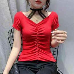 summer Casual Solid color T-shirt Fashion Lace stitching Short sleeve V-neck Folds Top Women T Shirt Plus Size M-3XL 210507
