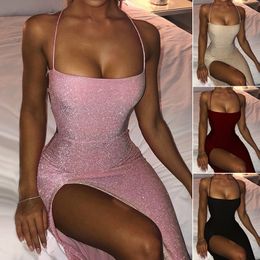 Womens Glitter Lace Up Open Back Sexy High Split Maxi Dress 2021 Fashion Summer Club Bodycon Dresses Woman Party Night Clothing