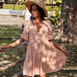 Casual Pink ruffles women dress Summer holiday style V-neck lace flared sleeve es Ruffled short-sleeved floral 210524