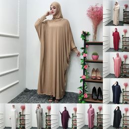 Ethnic Clothing Muslim Women Solid Colour Headgear Mosque Bat Sleeve Robes Cardigan Ramadan Dress Summer Sexy Casual O-Neck Dresses1