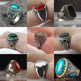 Retro Luxury Natural Red Stone Turkish Handmade King Crown Ring Men and Women Fashion Trend Banquet Jewellery Gift G1125