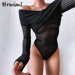 Bodysuits See Through Mesh One Word Collar Long Sleeve Jumpsuit Women Skinny Sexy Night Club Fashion Body Suits for 210513
