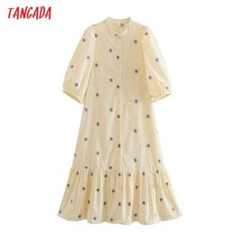 Tangada Summer Women Flowers Embroidery Romantic Sundress Puff Short Sleeve Ladies Midi Dress Vestidos CE206 210609