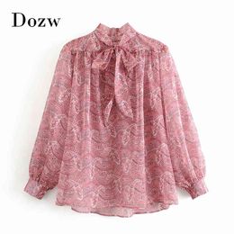 Women Vintage Printed Chiffon Blouse Bow Tie Collar Chic Tunic Blouses Female Long Sleeve Loose Shirt Ladies Casual Tops 210414