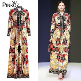 Vintage Baroque Lace Up Bow Collar Maxi Dress Long Sleeve Bohemian Pleated Women es Robe Femme Vestidos Party 210421