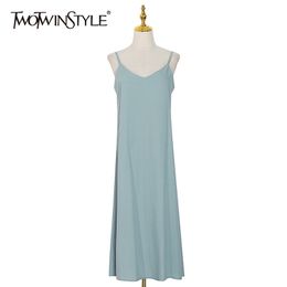 Casual Sling Dresses For Women V Neck Sleeveless Midi Minimalist Korean Dress Female Clothing Summer 210520