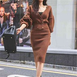 Korean Knitted Two Piece Set Outfits Women Double-breasted Sweater + Pencil Skirt Suits Elegant Sexy Fashion Female Matching 210513