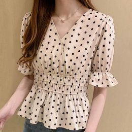 Women Blouses Blusas Mujer De Moda Short Sleeve Shirts V-neck Dot Chiffon Shirt Tops D303 210426