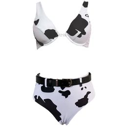 European and American style milk print bikini swimsuit steel support high waist split with belt 210514