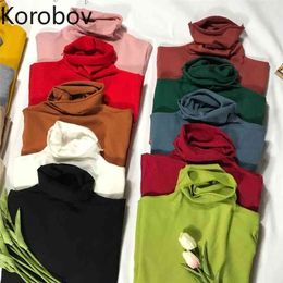 Korobov New Autumn Women Pullovers Korean Solid Half Turtleneck Long Sleeve Sweaters Vintage Preppy Style Knit Jumper Femme 210430
