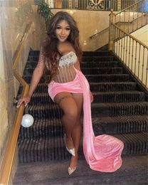 Aso Ebi Pink Velvet Prom Dress For Black Girls With Cape Mermaid Birthday Party Homecoming Dresses Mini Cocktail Gowns robe de bal