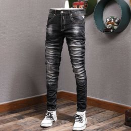 Italian Vintage Fashion Men Jeans High Quality Retro Black Grey Elastic Slim Fit Ripped Korean Casual Denim Pants DB50