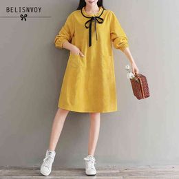 Mori Girl Robe Femme Spring Autumn Corduroy Dresses Women Bow Casual Loose Long Sleeve Vintage Dress Plus Size Vestidos 210520