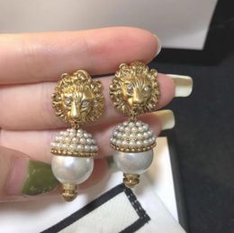 Women Vintage Earrings Pearl Diamond Lion Head Charm Pendant Dangle Earring High Quality Copper Eardrop For Female Lady Luxury Designer Jewellery Gift With Box