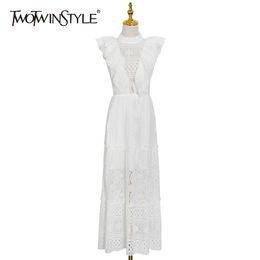 Patchwork Lace Ruffle Dress For Women Stand Collar Short Sleeve High Waist Elegant Dresses Female Fashion 210520