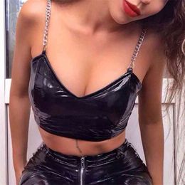 Summer Cool Girl Sexy Punk Style PU Leather Crop Top Vest Metal Chain Sling V Neck Zip Backless Black Tops Trendy Streetwear 210517