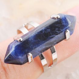 WOJIAER Unique Ring for Women Hexagonal Natural Sodalite Stone Beads Rings Silver Colour Party Jewellery X3015