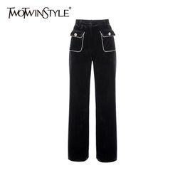 Velour Black Minimalist Trouser For Women High Waist Pocket Casual Wide Leg Pants Female Fashion Clothing 210521
