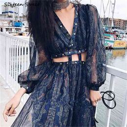 Summer Beach Dress Woman Rivet V-neck Lantern Sleeve High Waist Vestido Clothing Vacation Blue Sexy Long Dresses Female 210603