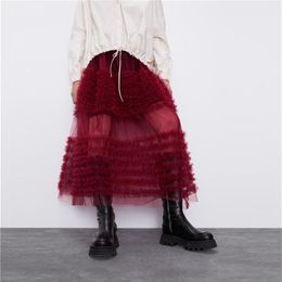 Fairy Viole Skirt Women See-through Sexy Ruffled Double Layer Mesh Midi High Waist Pinched Burgundy Pleated Puffy Skirts