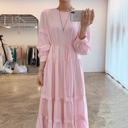 Spring Korean Ladies Sweet Round Neck Loose Tie Waist Layer Pleated Dress Mid Calf Solid Women QB988 210510