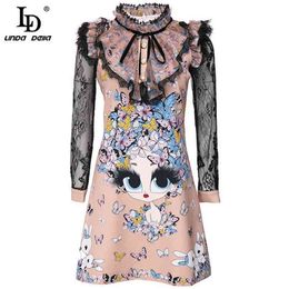 Designer Summer Women Black Sexy Lace Transparent Long Sleeve Ruffles Fashion Cartoons Print Vintage Mini Dress 210522