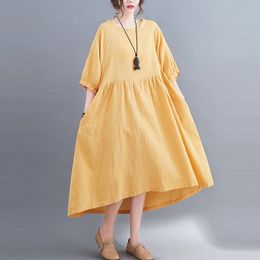 Oversized Women Cotton Casual Dress New Summer Simple Style O-neck Solid Colour Loose Comfortable Female Long Dresses S2898 210412
