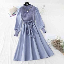 Elegant Twist Knitted Patchwork Corduroy Women Vintage Lantern Long Sleeve Lace-Up Pleated Party Dress With Necklace 210416