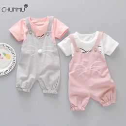 Children Short Sleeve Suit Cotton Pullover Kids Clothes Suits Cat Pattern Tops +Overalls 2pcs Baby Clothes Set 2021 Summer X0902