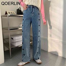 Korean Style Loose Straight Jeans Plus Size Cute Heart Print Wide Leg Women High Waist Denim Trouser Black 210601