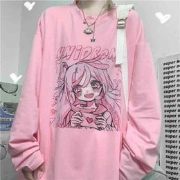 QWEEK Kawaii Woman Tshirts Pink Fashion Cute Print T Shirt Women Long Sleeve Tops Loose Casual Plus Size Graphic T Shirts 210406