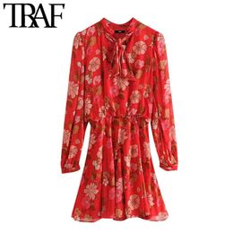 Women Fashion With Bow Floral Print Pleated Mini Dress Vintage Long Sleeve Side Zipper Female Dresses Mujer 210507