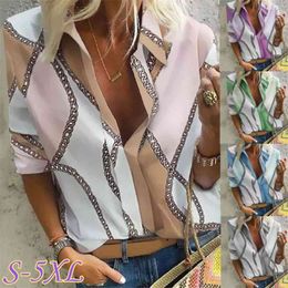 Autumn womens tops V-neck Long sleeve Chain printing Loose shirt 210720