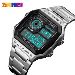 Skmei top luxo moda esporte relógio homens 5bar relógios à prova d 'água cinta de aço inoxidável relógio digital Reloj hombre 1335 210329