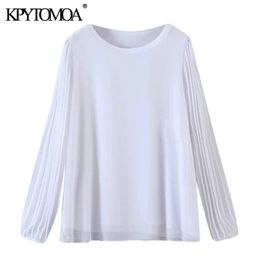 Women Fashion Patchwork Loose White Blouses Semi-Sheer Pleated Long Sleeve Female Shirts Blusas Chic Tops 210420