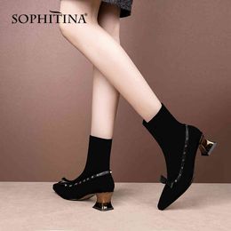 SOPHITINA Mid-calf Boots Woman Stretch Genuine Leatherpointe Toe Butterfly -knot Rivet High Metal Strange Heel Shoe PO1060 210513