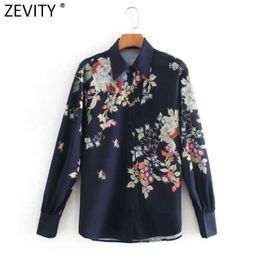 Zevity Women Elegant Position Flower Print Casual Business Blouse Office Ladies Long Sleeve Shirts Chic Femme Blusas Tops LS7361 210603