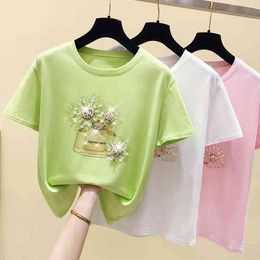 Women's O Neck Flower Beading Sequin Short Sleeves Cotton T-Shirt Summer Tee Girls Ladies Pullover Casual Tops Tees A2525 210428