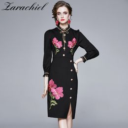 Runway Autumn Women's Mesh Ruffled Collar Bow Dress Vinatge Long Sleeves Floral Embroidery Package hip Button Split Dresses 210416