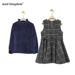 Mudkingdom Big Girls Long Sleeve Dress Ruffle Blouse Wool Plaid Winter Autumn Kids Costume Girl Outfits 210615