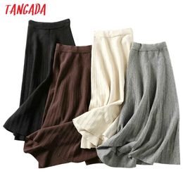Tangada winter women knit long skirt elastic high waist warm office lady elegant black A-line maxi skirts female bottoms AQX06 210609