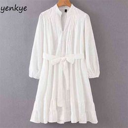 Women Vintage Cotton White Lace Dress Elegant Lady V Neck Long Sleeve With Belt A-line Casual Holiday Summer Mini vestido 210514