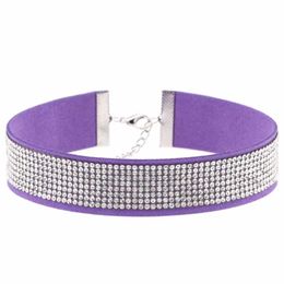 Hippie Chic Purple Voilet 2021 Color Soft Flannel Ban Pave Shine Rhinestone Adjustable Wide Choker Necklaces For Women Collier Chokers