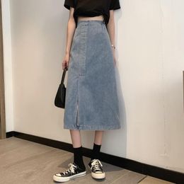 Skirts Denim A-line Skirt Female Spring 2021 High-waist All-match Mid-length With Split Ends And Thin Hip