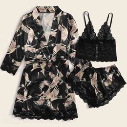 Women Sleepwear Underwear Set Silk Pajamas Women Nightdress Lingerie Robes Three Piece Suit Of Black Crane 211202