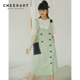 Green Plaid Suspender Dress Women Double-Breasted Casual Summer Button Up V Neck Pinafore 210427