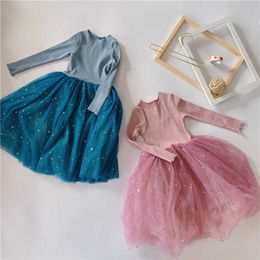 Shiny Sequin Tulle Girls Cotton Knit Spring Dress for Kids Children Long Sleeve Tiered Princess Costume 210529