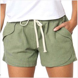 Drawstring Elastic Waist Cotton And Linen Casual Short Solid Colour Pocket Sports Fitness Ladies Beach Short Pants 210604