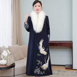 Women ethnic Clothing winter fur collar korean style long dress embroidered elegant modern hanbok costume blue wool Asian outfit