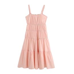 Women Chic Fashion Pink Ruffles Pleated Midi Dress Vintage Back Zipper Spaghetti Strap Dresses Girls Chic Vestidos 210520